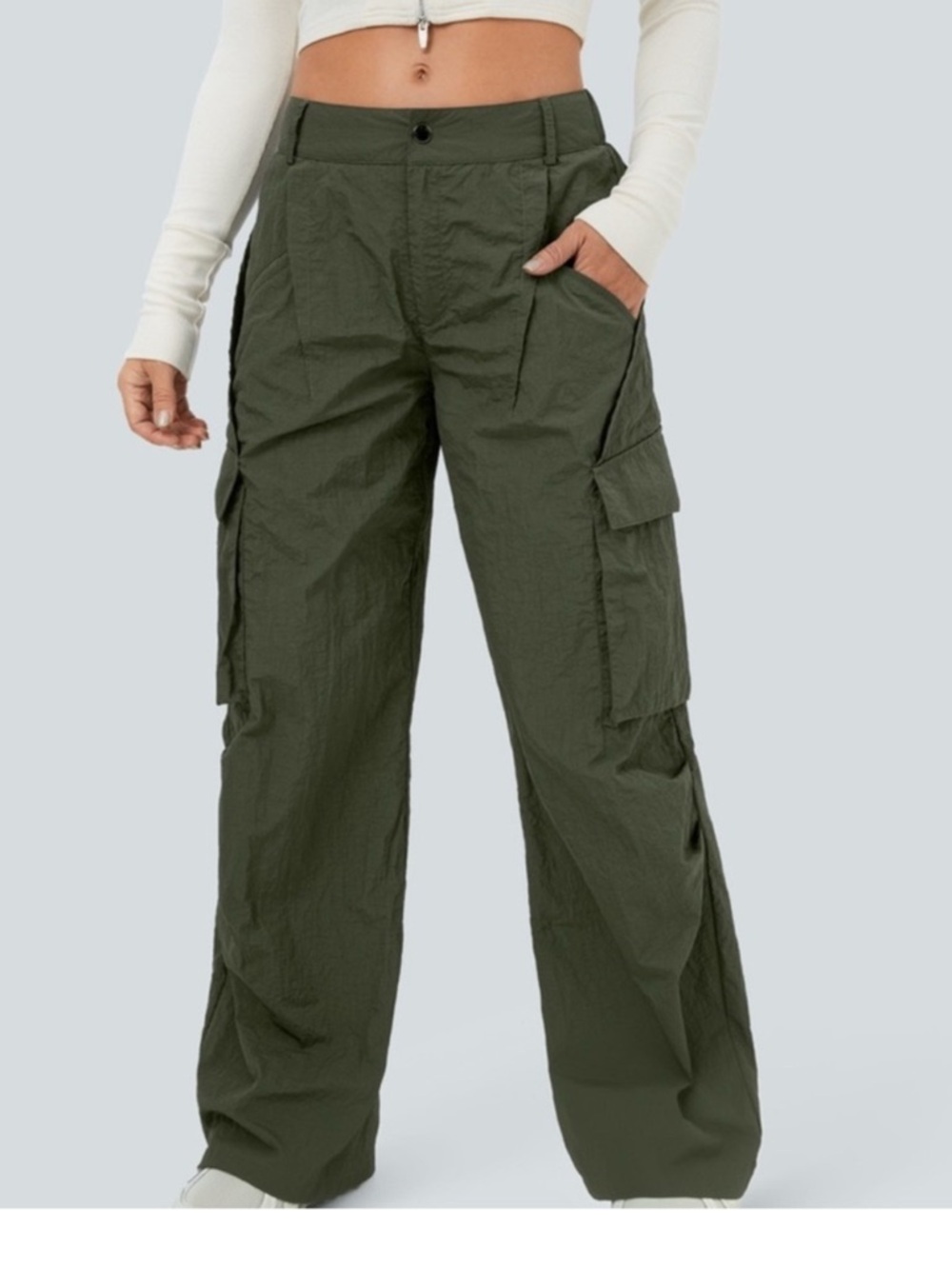 Halara Wide Leg Casual Cargo Pants Green Nylon Size XL petite
